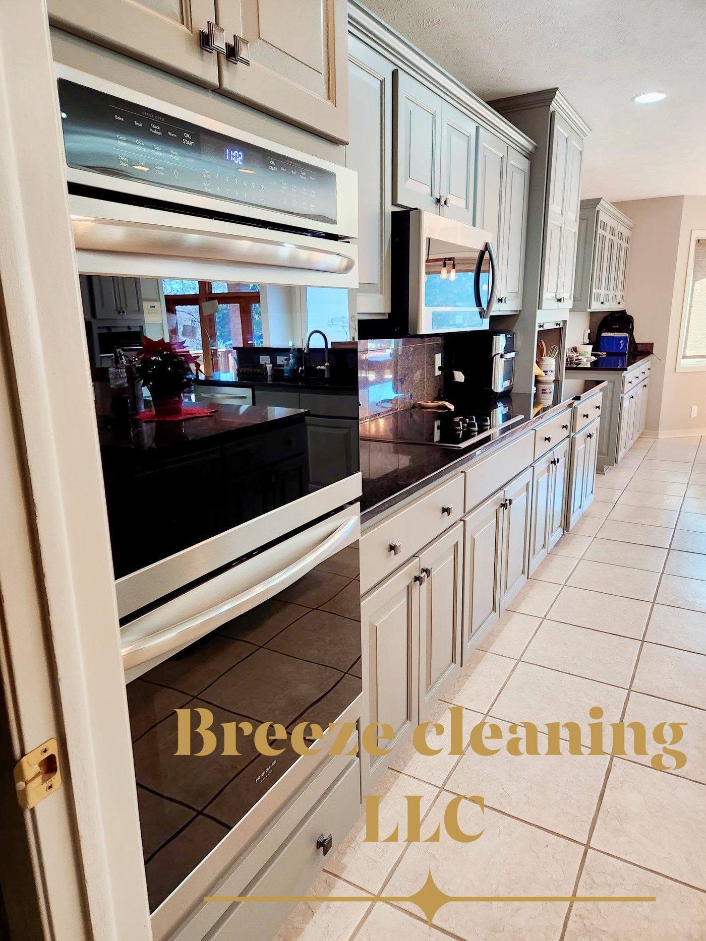 Open-plan kitchen and dining table, cleaned and reset