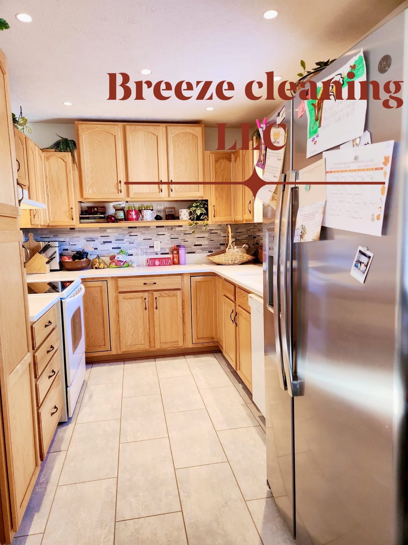 Oak kitchen cabinets and backsplash wiped down